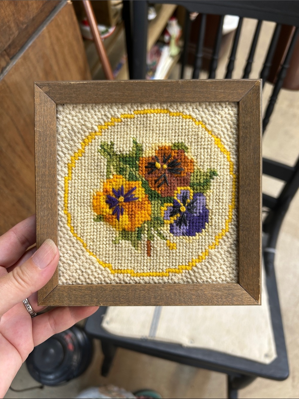 Vintage Framed Pansy Cross-Stitch in Yellow, Purple, Orange, Green